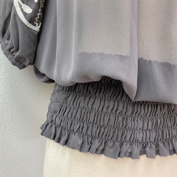 Twelve By Twelve Gray Sheer Embroidered Blouse XS Boho Fairy Whimsy Goth Peasant - Picture 3 of 10